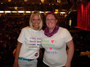 Dawn-made custom Glee shirts! Wendy's: all the things Sam gets called in the Trouty Mouth song Mine: Blaine loves football, I love scarves 